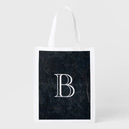 Monogram Elegant Black Stone Texture Grocery Bag