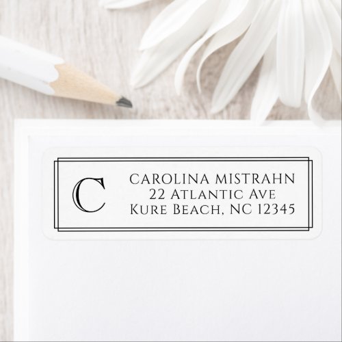 Monogram Elegant Black White Border Stationery Label