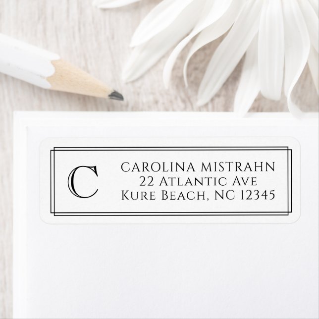 Monogram Elegant Black White Border Stationery Label (Insitu)