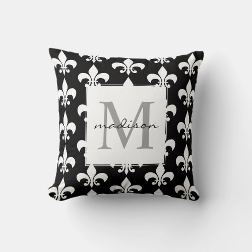 Monogram Elegant Black White Fleur de lis Pattern Throw Pillow