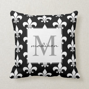 Monogram Elegant Black White Fleur de lis Pattern Throw Pillow