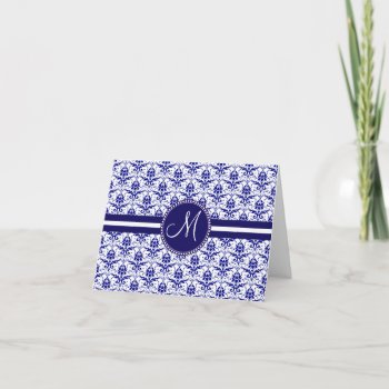 Monogram Elegant Blue And White Damask Pattern Note Card by PrettyPatternsGifts at Zazzle