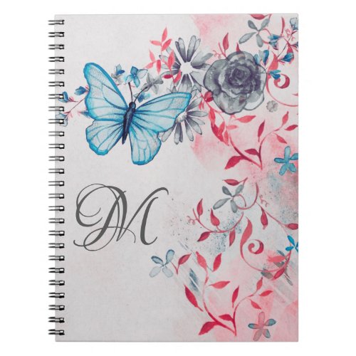 Monogram Elegant Blue Butterflie Floral Notebook
