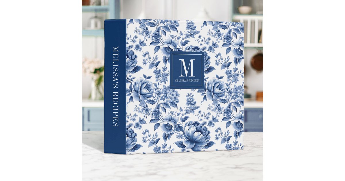 Monogram Elegant Blue Floral Cookbook Recipe 3 Ring Binder | Zazzle