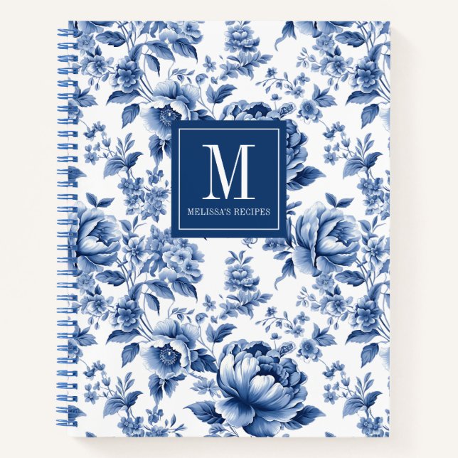 Monogram Elegant Blue Floral Cookbook Recipe Notebook (Front)