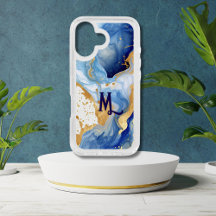 Monogram Elegant Blue & Gold Faux Marble Pattern