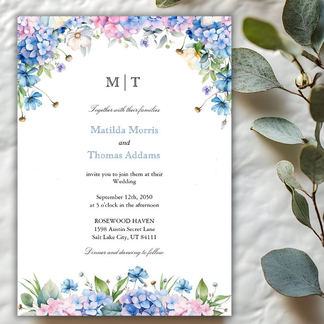 Monogram Elegant Blue Hydrangea Border Wedding Invitation (Creator Uploaded)