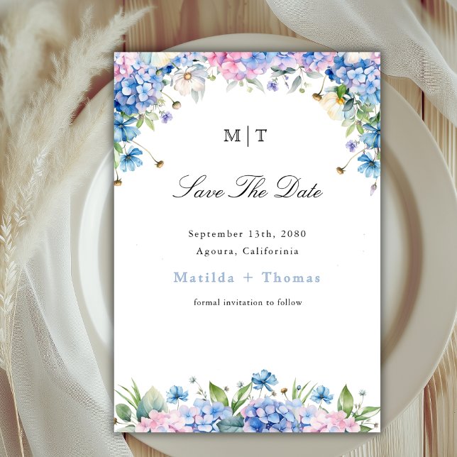 Monogram Elegant Blue Hydrangea Border Wedding Save The Date (Creator Uploaded)
