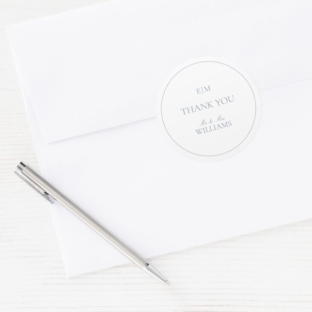 Monogram Elegant Blue Thank You Script Wedding Classic Round Sticker (Wedding Thank You Sticker)