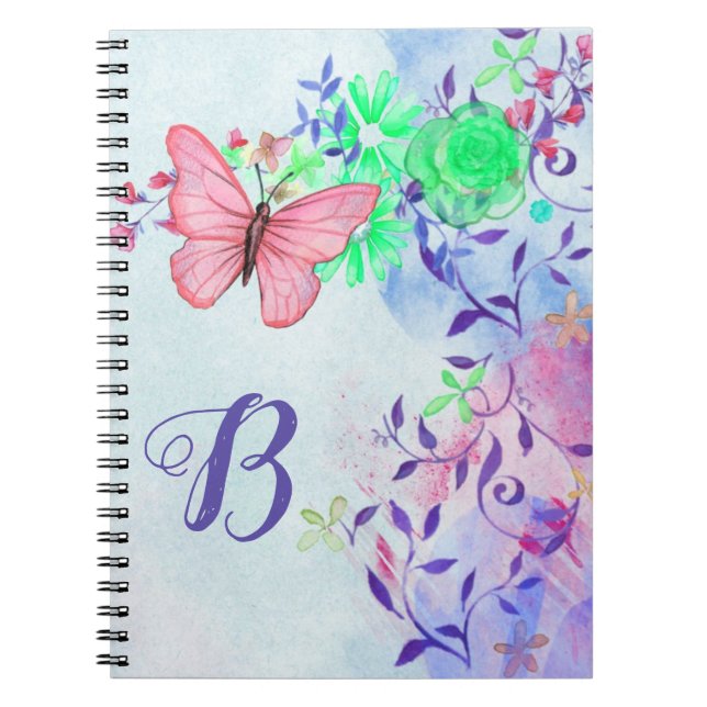 Monogram Elegant Blush Pink Butterfly Floral Notebook (Front)