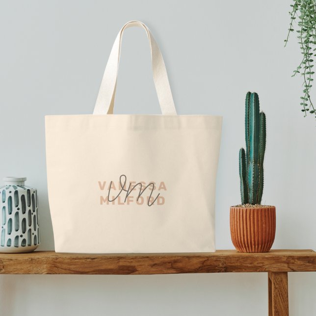 Monogram Elegant Blush Pink Modern Minimalist Large Tote Bag (Creator Uploaded)