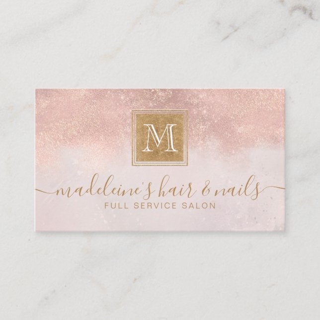 Monogram Elegant Blush Rose Gold Glitter Salon Business Card (Front)