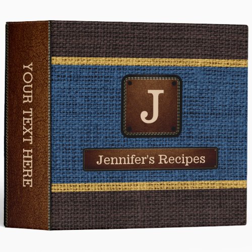 Monogram Elegant Brown  Blue Burlap Look 3 Ring Binder