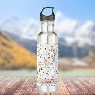 Monogram Elegant Brown Wildflowers Leaves Stainless Steel Water Bottle