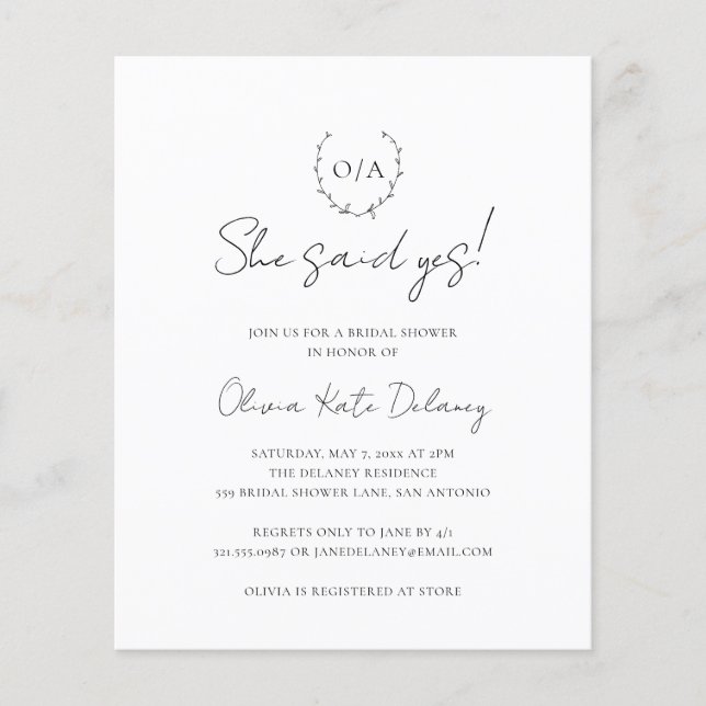 Monogram Elegant Budget Bridal Shower Invitation Flyer (Front)