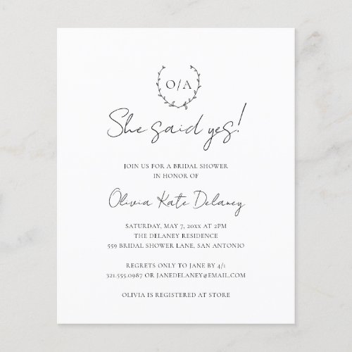 Monogram Elegant Budget Bridal Shower Invitation Flyer