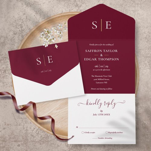 Monogram Elegant Burgundy And Gold Wedding All In One Invitation