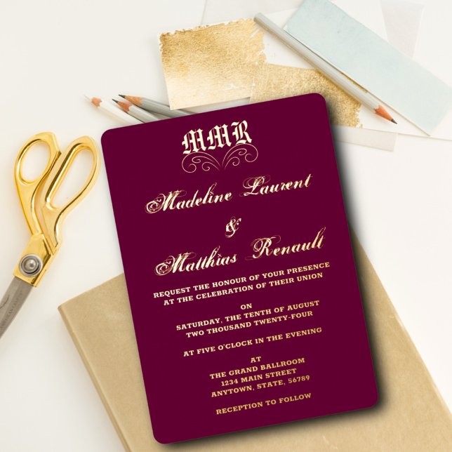 Monogram Elegant Burgundy  and Gold Wedding  Foil Invitation (Creator Uploaded)