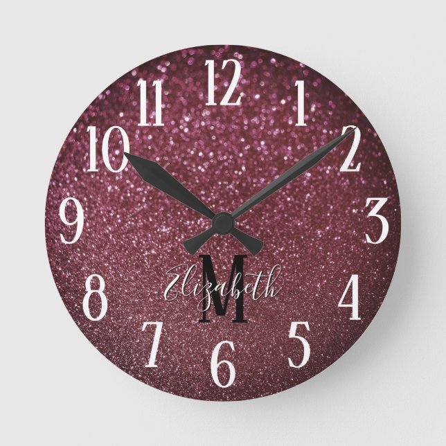 Monogram Elegant Burgundy Faux Bokeh Glitter Round Clock (Front)