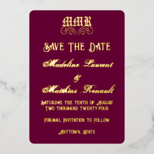 Monogram Elegant Burgundy & Gold Save the Date Foil Invitation