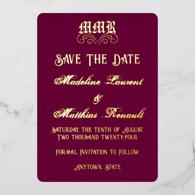 Monogram Elegant Burgundy & Gold Save the Date Foil Invitation (Front)