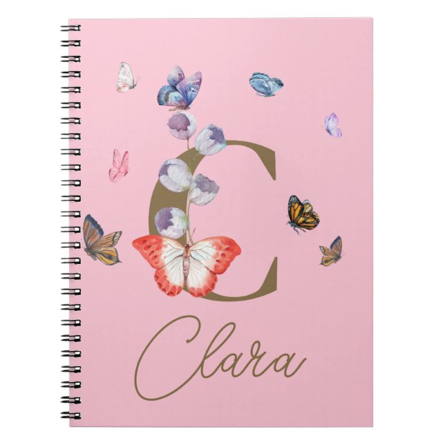 Monogram Elegant Butterfly Colorful Floral Notebook (Front)