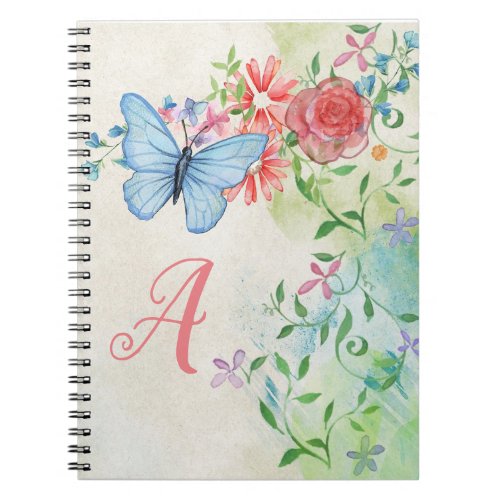 Monogram Elegant Butterfly Colorful Floral Notebook