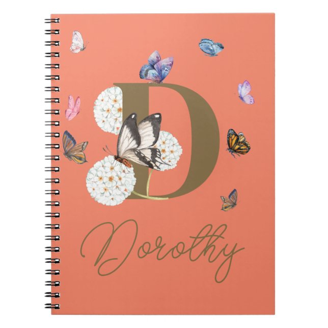 Monogram Elegant Butterfly Colorful Floral Notebook (Front)