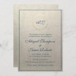 Monogram Elegant Champagne and Navy Blue Wedding Invitation