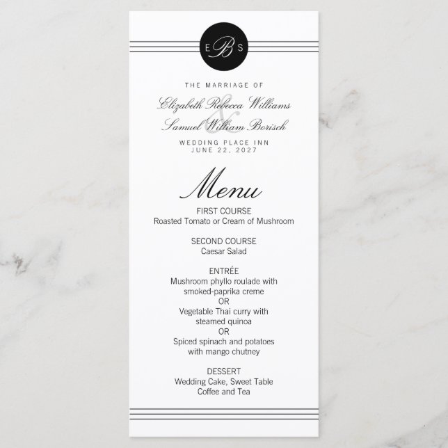 Monogram Elegant Chic Black Dot Clean Wedding Menu (Front)
