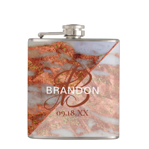 Monogram Elegant Copper Marble Geometric Groomsmen Flask