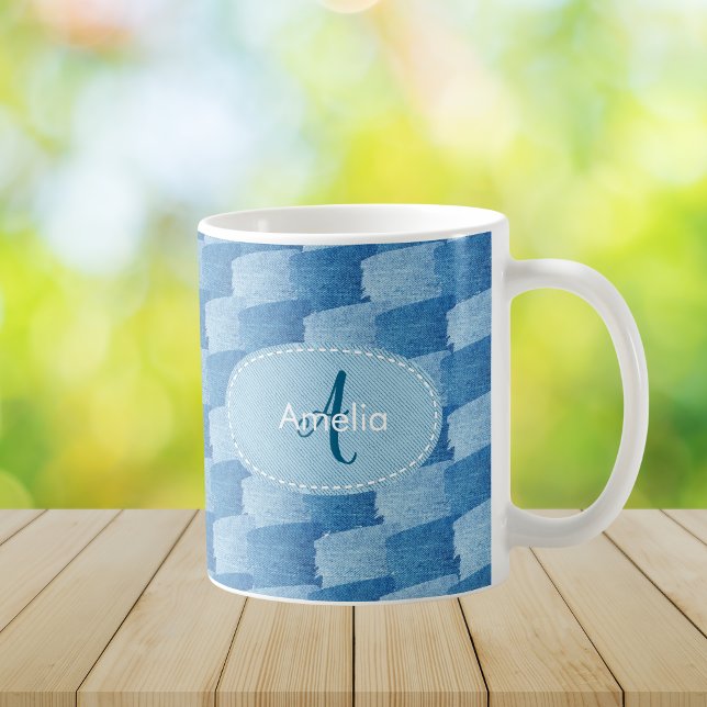 Monogram Elegant Custom Blue Denim Coffee Mug (Creator Uploaded)
