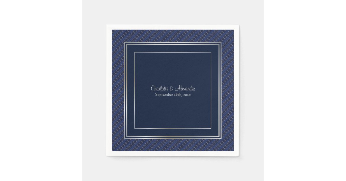 Monogram Elegant Dark Blue Silver Border Wedding Napkins | Zazzle
