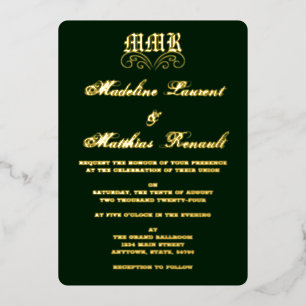 Monogram Elegant Dark Green and Gold Wedding  Foil Invitation