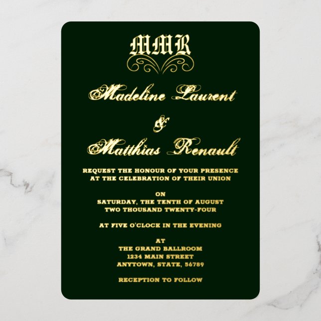 Monogram Elegant Dark Green and Gold Wedding  Foil Invitation (Front)