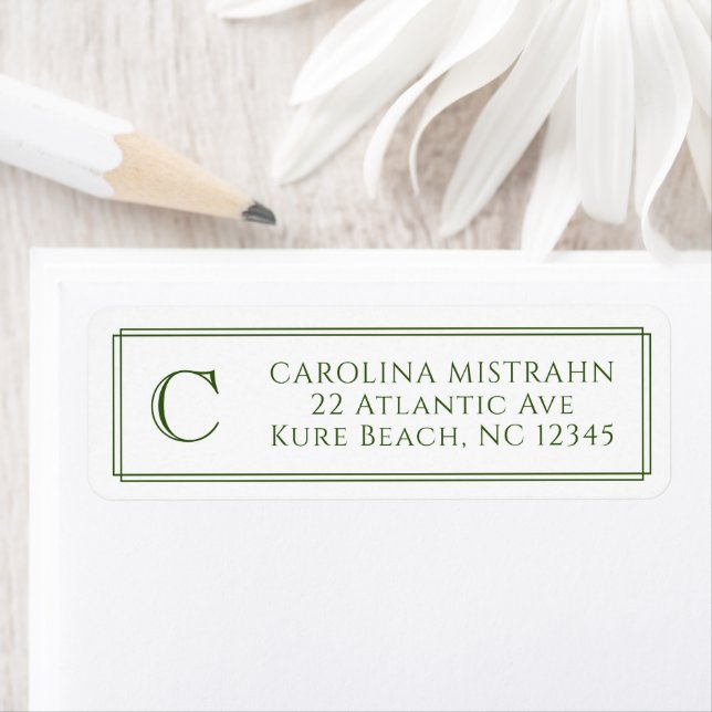 Monogram Elegant Dark Green Border Stationery Label (Insitu)