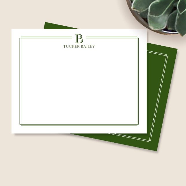 Monogram Elegant Dark Green Border Stationery Note Card (Creator Uploaded)