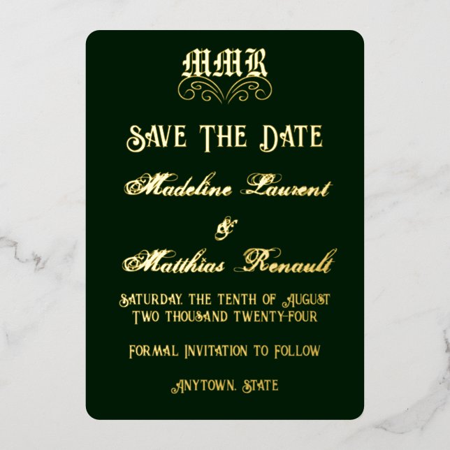 Monogram Elegant Dark Green & Gold Save the Date Foil Invitation (Front)