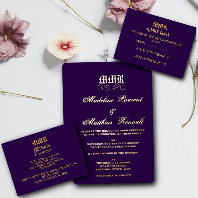 Monogram Elegant Dark Purple and Gold RSVP Enclosure Card (Creator Uploaded)