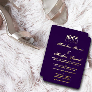Monogram Elegant Dark Purple and Gold Wedding Foil Invitation