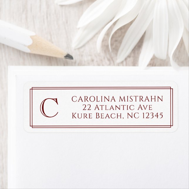 Monogram Elegant Dark Red Border Stationery Label (Insitu)