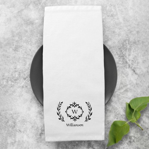 Monogram Elegant Dinner Fancy Wreath White Black Cloth Napkin
