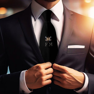 Monogram Elegant Dragonfly On Black Neck Tie