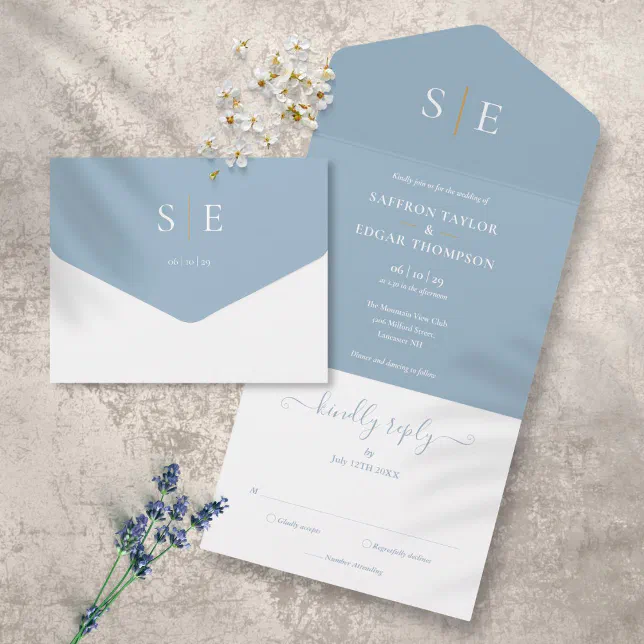 Monogram Elegant Dusty Blue And Gold Wedding All In One Invitation | Zazzle