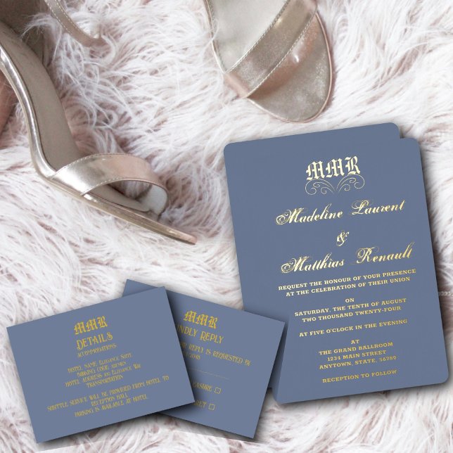 Monogram Elegant Dusty Blue and Gold Wedding  Foil Invitation (Creator Uploaded)