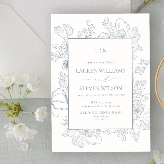 Monogram Elegant Dusty Blue Floral Line Wedding Invitation | Zazzle