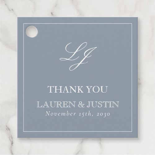 Monogram Elegant Dusty Blue Thank You Wedding Favor Tags