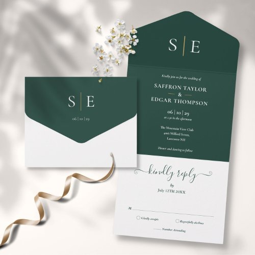 Monogram Elegant Emerald Green And Gold Wedding All In One Invitation