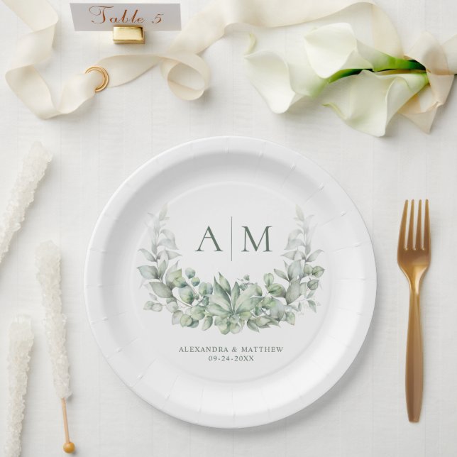 Monogram Elegant Eucalyptus Greenery Wedding Paper Plates (Wedding)