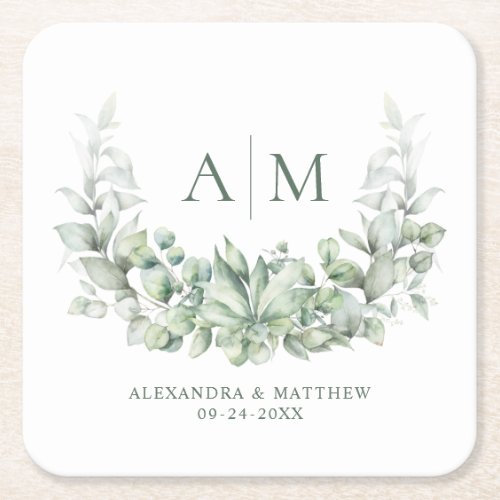Monogram Elegant Eucalyptus Greenery Wedding Square Paper Coaster